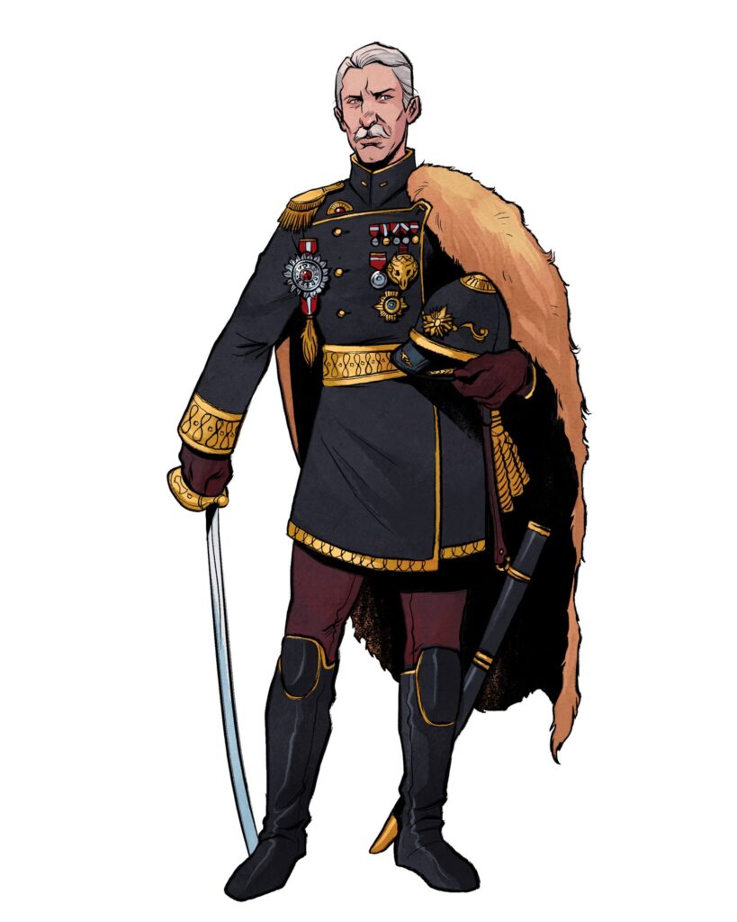 A military officer in gold and black with a fur cloak over one shoulder and medals on his cloak poses with a saber. He has a white walrus mustache.