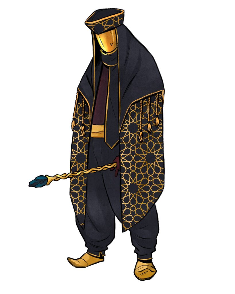 A drawing of a wizard in black and gold light armor, with a gold visor covering their face. They hold a gem-tipped gold staff in their right hand.