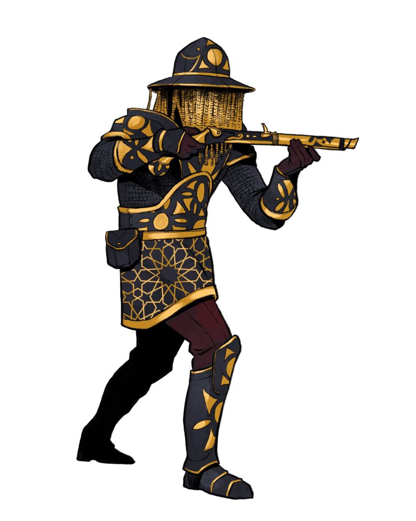 A drawing of someone in black and gold medium armor, with a gold chain veil covering their face. They hold a carbine rifle in both hands.