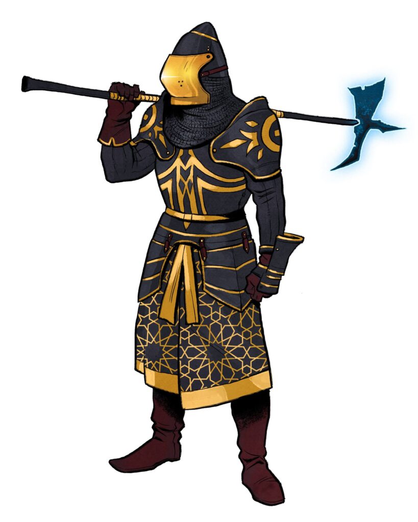 A drawing of someone in black and gold heavy armor, with a gold visor. They hold a halberd over one shoulder and the head glows with dark blue light.