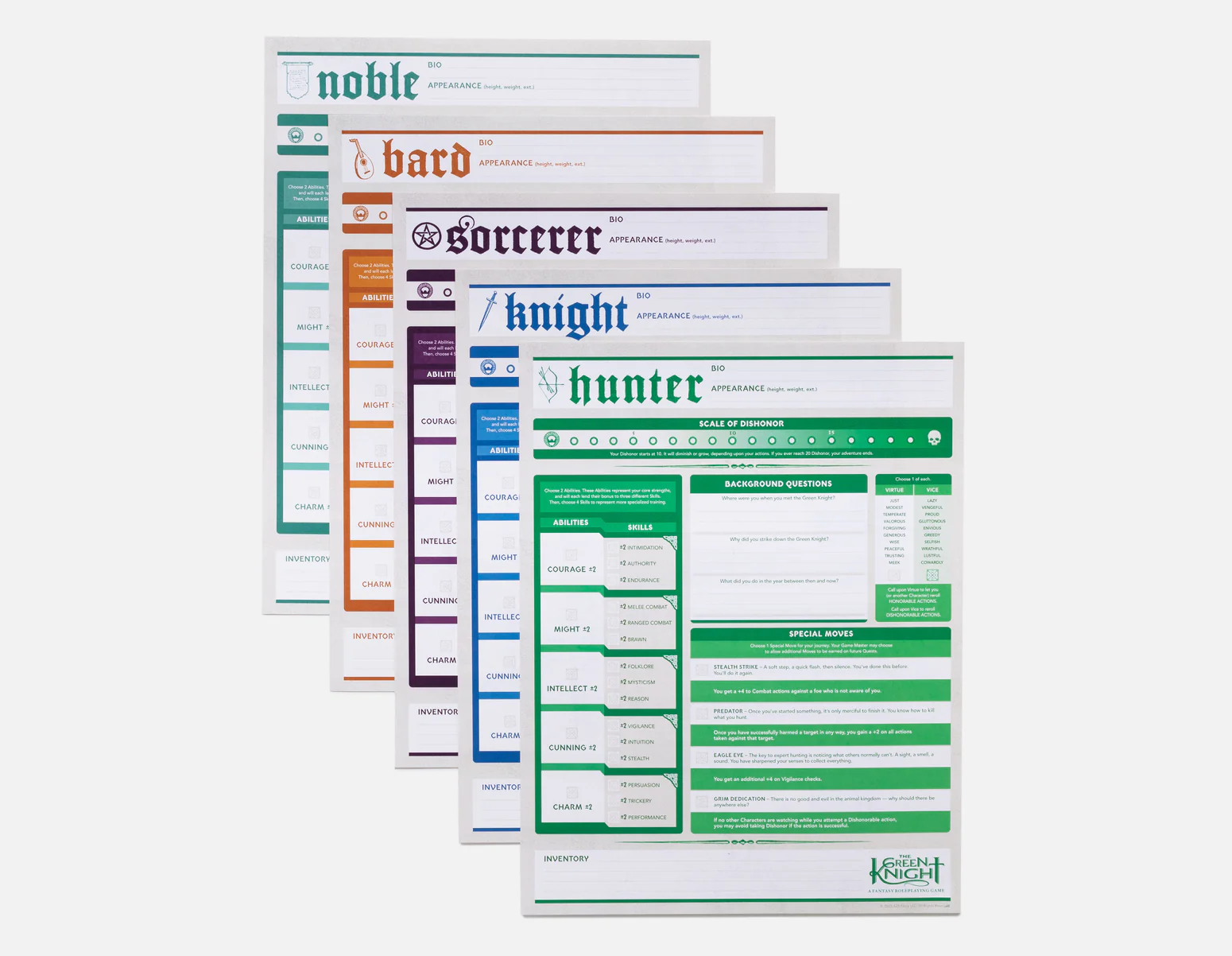 Five character sheets from the Green Knight RPG, cascaded on top of one another.