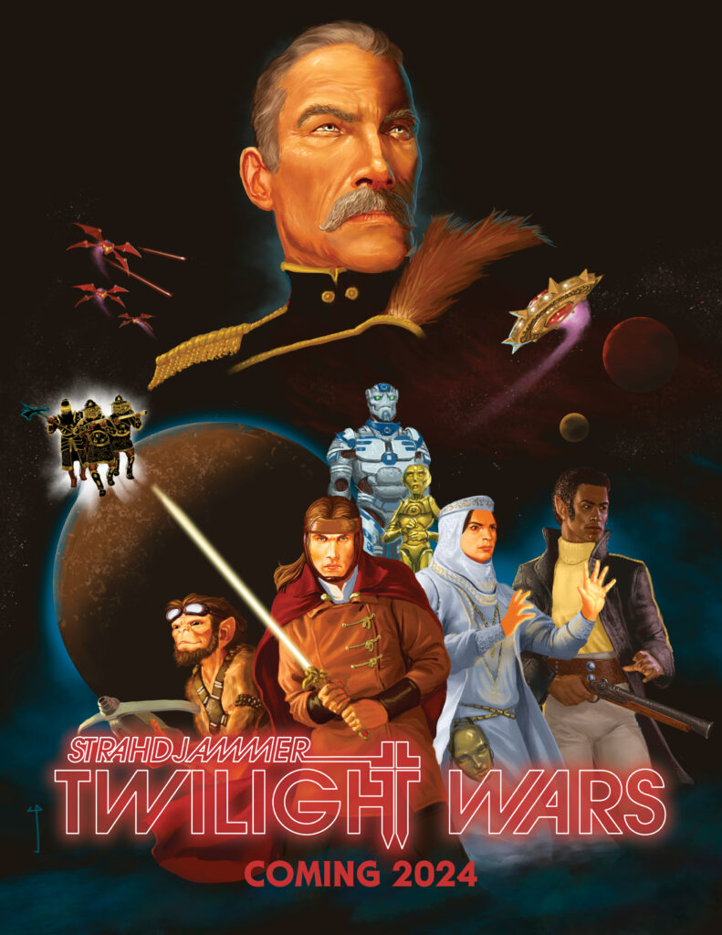 A poster in the spirit of Star Wars, depicting six heroes standing in front of an outer space scene. They include a man with blond hair wielding a sword of light, a woman in white, a Black man in a duster holding a gun, a flying squirrel-person holding a crossbow, and two robots. Looming over them in the background is a white-haired, mustached villain in a military officer's uniform. It also shows red, bat-like ships battling a golden, spiked UFO-like ship.