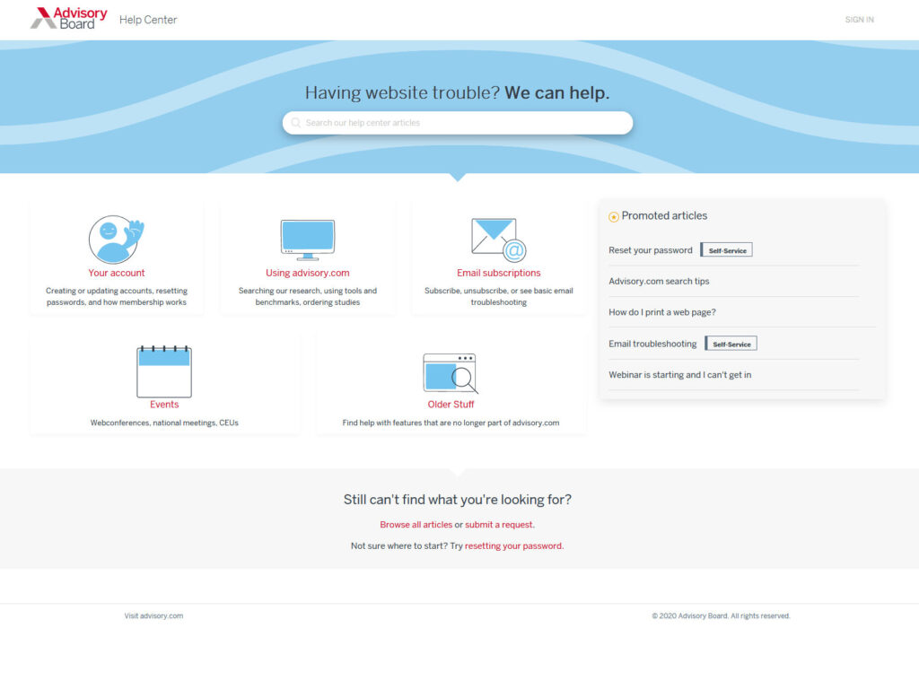 A screenshot of help.advisory.com.